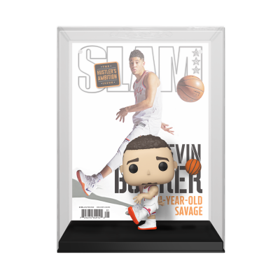Figura Funko Pop de jogador de basquetebol Kevin Porter Jr. com capa da revista SLAM ao fundo