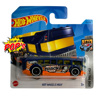 Brinquedo Hot Wheels High autocarro limusina azul escuro com detalhes laranja e amarelo em embalagem blister