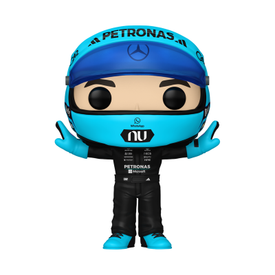 Figura Funko Pop de piloto de corridas com capacete azul claro e fatos pretos