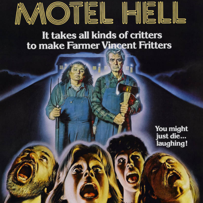 Cartaz do filme MOTEL HELL com agricultores e pessoas assustadas