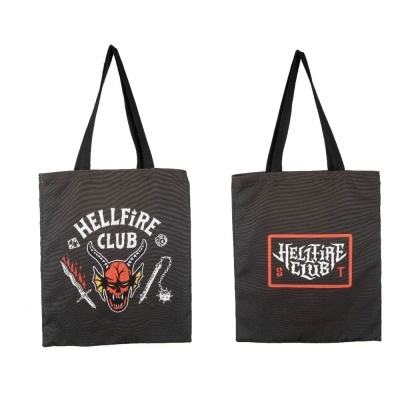 Dupla de mochilas pretas com texto e ilustrações Hellfire Club