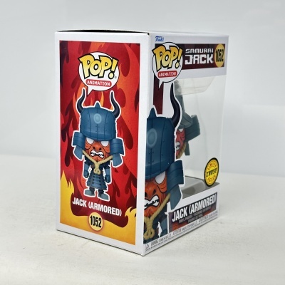 Figura Funko Pop Samurai Jack Jack (Armored) na caixa, fundo vermelho com chamas