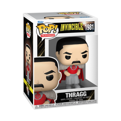 Funko Pop! de vinil Thragg da série Invincible, embalagem com texto e figura dentro da caixa.