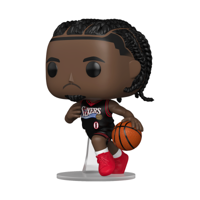 Estatueta Funko Pop jogador basquetebol com camisola preta Sixers e bola de basquetebol