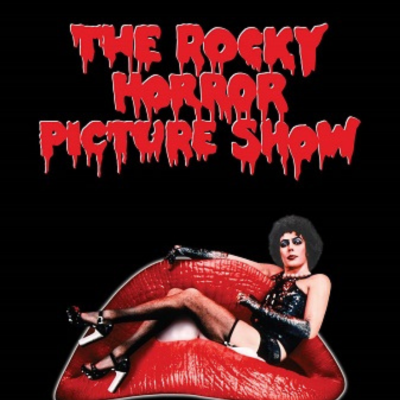 Promoção do filme THE ROCKY HORROR PICTURE SHOW com pessoa em roupas pretas sobre lábios vermelhos