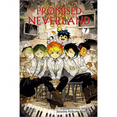 Capa do manga The Promised Neverland volume 7 com cinco personagens sentados em cadeiras num cenário interior