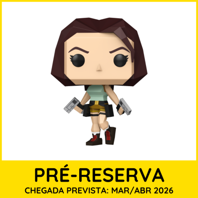 Figura de vinil de mulher com armas e calções amarelos em fundo branco e moldura amarela com texto de pré-reserva.