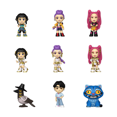 Nove figuras colecionáveis coloridas com personagens estilizados e roupas detalhadas.