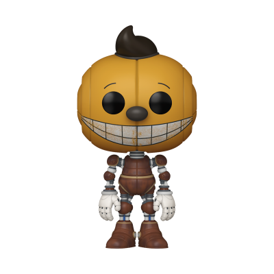 Figura Funko Pop de personagem com cabeça de abóbora e corpo robótico