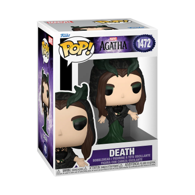 Funko Pop! Marvel Agatha Death nº1472 em caixa transparente com fundo roxo