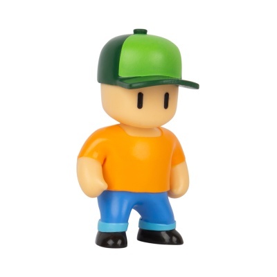 Figura de plástico minimalista com boné verde e azul e roupa colorida