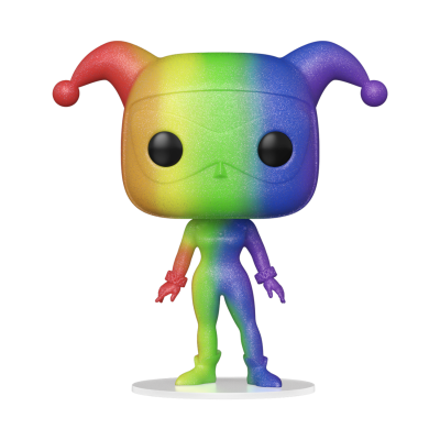 Figura Funko Pop colorida em degradê arco-íris com chapéu de bobo da corte e olhos grandes negros