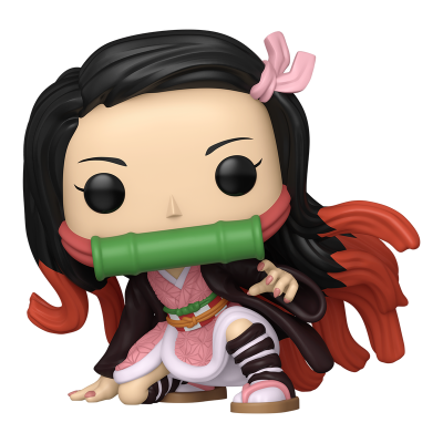 Figura Funko Pop com cabelo preto, fita rosa e kunai verde na boca.