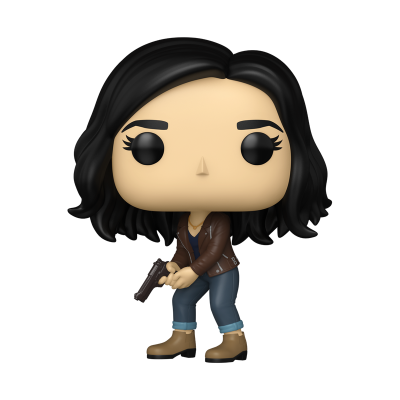 Figura Funko Pop com cabelo preto e casaco castanho segurando uma arma