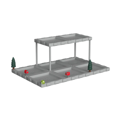 Estacionamento de brinquedo cinza com dois pisos e carros pequenos