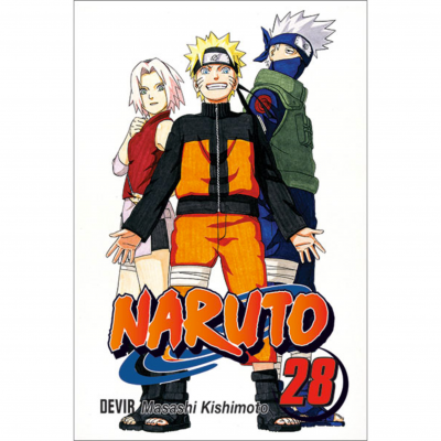 Capa do manga Naruto volume 28 com três personagens em destaque e título grande em laranja