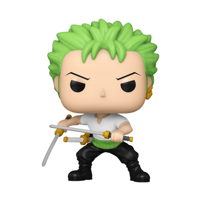 Figura Funko Pop de personagem com cabelo verde e três espadas.