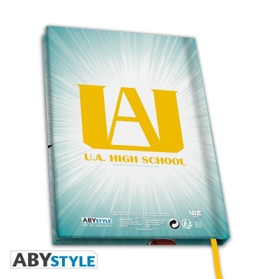 Caderno ou agenda com capa azul claro e logo UA amarelo