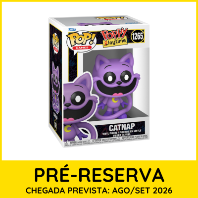 Figura Funko Pop Catnap roxa na embalagem com texto de pré-reserva em amarelo