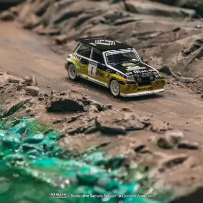 Modelo de carro de rali em miniatura numa estrada de terra com pedras e água verde