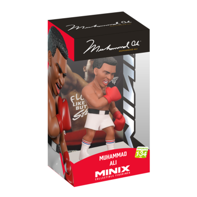 Figura colecionável de Muhammad Ali com boxeador em calções brancos e luvas vermelhas numa caixa preta, vermelha e branca