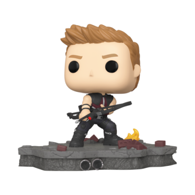 Figura Funko Pop masculina com roupa preta, arma e base de cimento com tijolos e chama