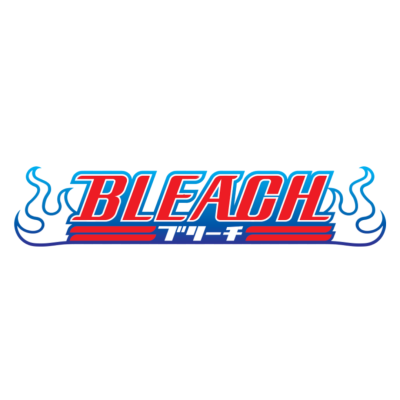 Logotipo do anime Bleach em vermelho e azul com caracteres japoneses e linhas onduladas azuis