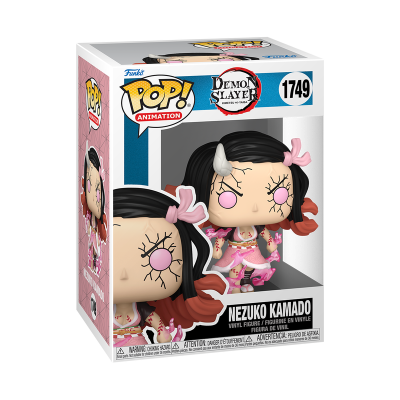 Figura Funko Pop Nezuko Kamado Demon Slayer vestida de rosa e branco em caixa transparente