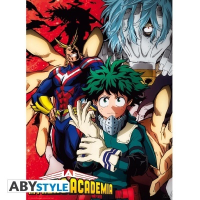 Poster de anime com três personagens, fundo vermelho e texto ABYSTYLE e ACADEMIA