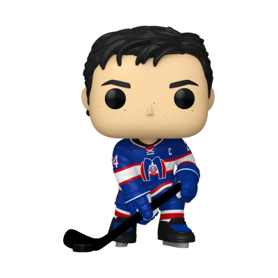 Figura Funko Pop de jogador de hóquei com camisola azul e taco de hóquei