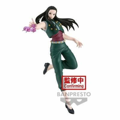 Figura colecionável feminina da Banpresto em pose dinâmica com flores roxas na mão