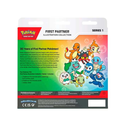 Embalagem Pokémon TCG First Partner Illustration Series 1 com vários Pokémon em fundo colorido