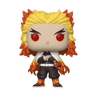 Figura Funko Pop de personagem com cabelo amarelo e pontas laranja e detalhes de chamas.