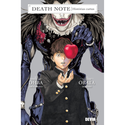 Capa do livro DEATH NOTE Histórias curtas com rapaz e criatura monstruosa ao fundo