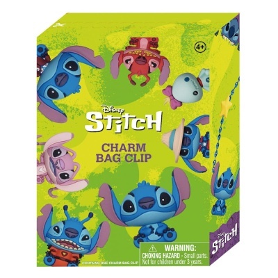 Caixa colorida com imagens de Stitch da Disney e texto charm bag clip