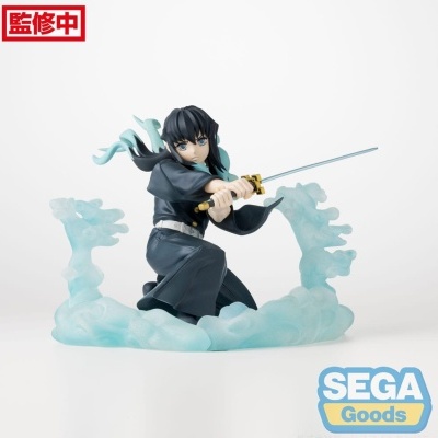 Figura de ação de personagem com espada e base translúcida azul