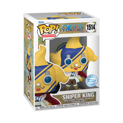 Figura de vinil Pop! Animation Funko Sniper King da série One Piece na caixa com janela
