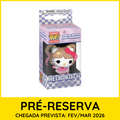 Figura Pocket Pop! Keychain de Hello Kitty vestida de rosa na caixa quadriculada roxa