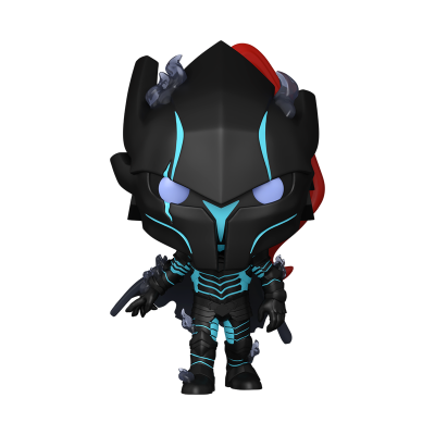 Figura colecionável tipo Funko Pop de personagem com capacete preto e azul neón