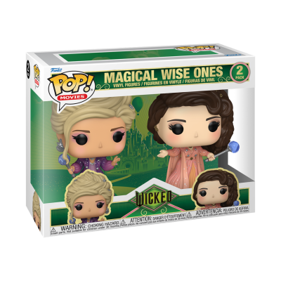Funko Pop! figuras mágicas Wise Ones do filme Wicked embaladas em caixa com fundo verde.
