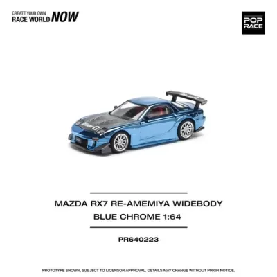 Miniatura de carro azul cromo Mazda RX7 RE-AMEMIYA Widebody com capô preto e aerofólio