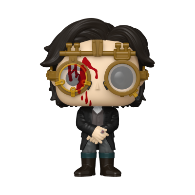 Figura Funko Pop com óculos dourados, mancha vermelha no rosto e roupa formal preta