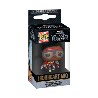 Chaveiro Funko Pop Ironheart MK1 dentro de embalagem preta de coleção Wakanda Forever
