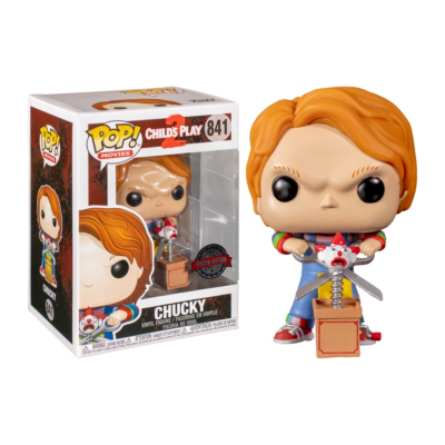 Figurina Funko Pop Chucky de Child's Play com caixa de embalagem ao fundo