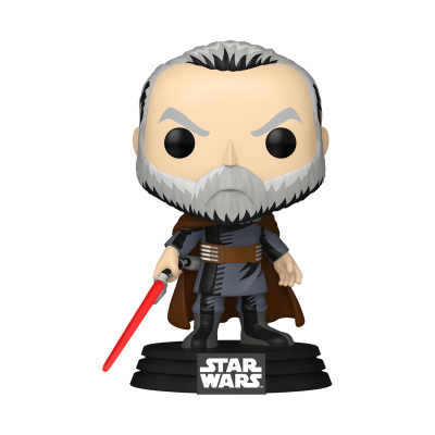 Figura Funko Pop Star Wars com sabre de luz vermelho e capa castanha.