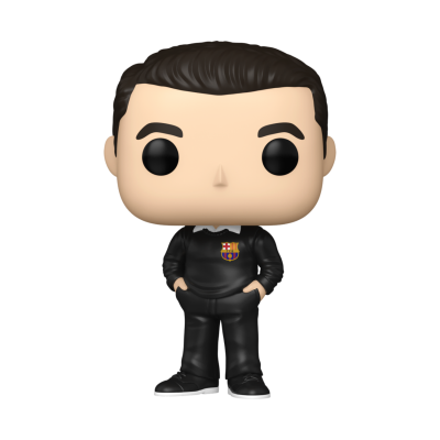 Figura de vinil estilizada Funko Pop com roupa preta e emblema colorido no peito