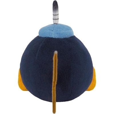 Peluche redondo azul escuro com cauda cinza e detalhes amarelos