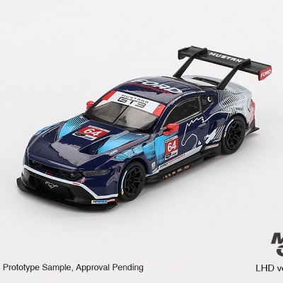 Miniatura de carro de corrida Ford Mustang GT3 azul e branco com detalhes vermelhos