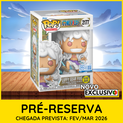 Embalagem da figura Funko Pop! Luffy Gear Five, One Piece, num cenário de céu azul e chão de madeira