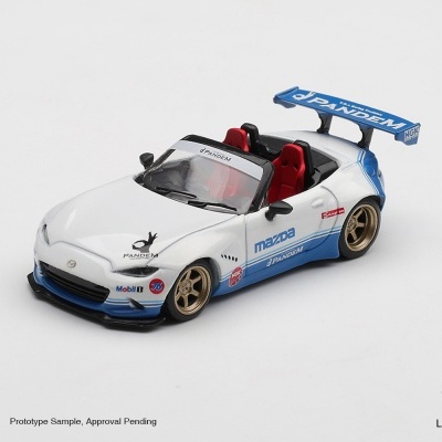 Miniatura de carro desportivo Mazda branco e azul com spoiler e assentos vermelhos